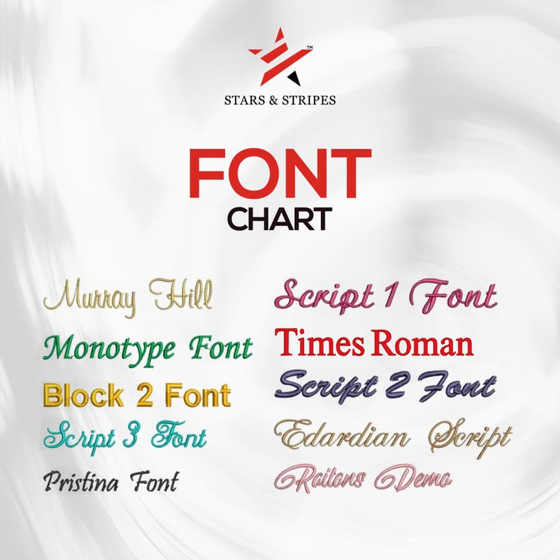Puede incluir: Un gr&aacute;fico de fuentes con el texto "FONT CHART" en rojo. El gr&aacute;fico muestra varios estilos de fuente, incluyendo "Murray Hill", "Script 1 Font", "Monotype Font", "Times Roman" y "Block 2 Font". El logotipo de Stars & Stripes est&aacute; en la parte superior.