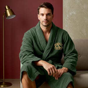 Personalised Custom Embroidered Initial 100% Cotton Terry Bathrobe with Vine Monogram – Spa Hotel Quality Soft Unisex Dressing Gown