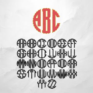 Puede incluir: Una colecci&oacute;n de dise&ntilde;os de monogramas en una variedad de fuentes. El monograma superior es rojo con las letras "ABC" dentro de un c&iacute;rculo. Los otros monogramas son negros e incluyen letras y n&uacute;meros.