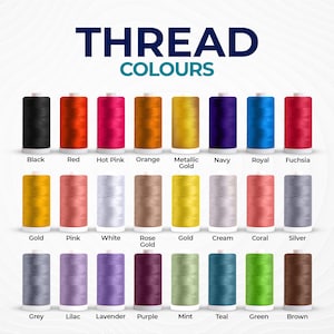 Different thread colours such as black, red, hot pink, orange, mettalic gold, navy, royal blue, fuschia pink, gold, pink, white, rosegold, gold, cream, coral, silver, grey, lilac, lavender, purple, mint, teal, green, brown embroidery Madeira thread