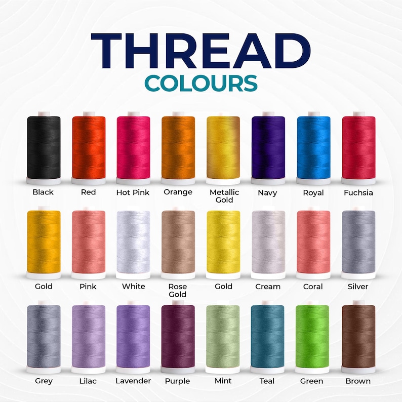 Different thread colours such as black, red, hot pink, orange, mettalic gold, navy, royal blue, fuschia pink, gold, pink, white, rosegold, gold, cream, coral, silver, grey, lilac, lavender, purple, mint, teal, green, brown embroidery Madeira thread