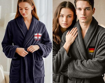 Personalised Your Country Flag 100% Terry Cotton Soft Bathrobe – Custom Embroidered Text or Initials – Unisex Luxury Spa & Hotel Robe