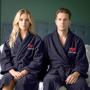 Personalised  I Love Heart Custom Text Terry Bathrobe Embroidery - Wedding, Anniversary Gift, Spa Robe Custom 100% Cotton Robe