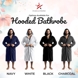 May include: Four hooded bathrobes in different colors: navy, white, black, and charcoal. The bathrobes are made of soft, plush fabric and have a comfortable fit.  Options Available For Hooded Bathrobe.