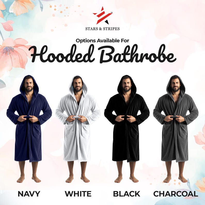 May include: Four hooded bathrobes in different colors: navy, white, black, and charcoal. The bathrobes are made of soft, plush fabric and have a comfortable fit.  Options Available For Hooded Bathrobe.