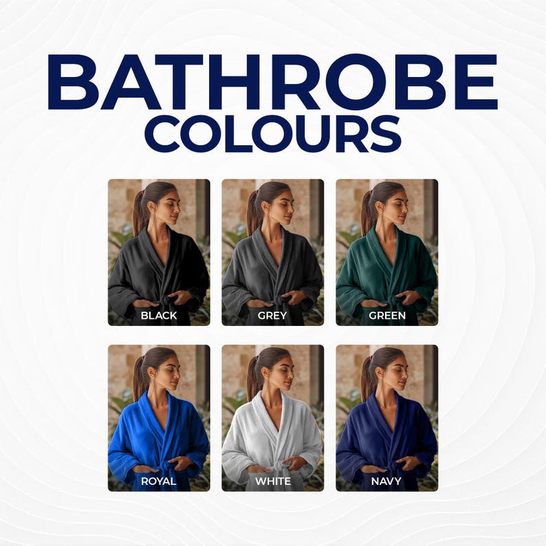 Colours in terry towel fabric bathrobes in shawl collar style in black, grey, bottle green, royal blue, white, navy, ivory cream, beige, purple, wine burgundy, brown, turquoise
