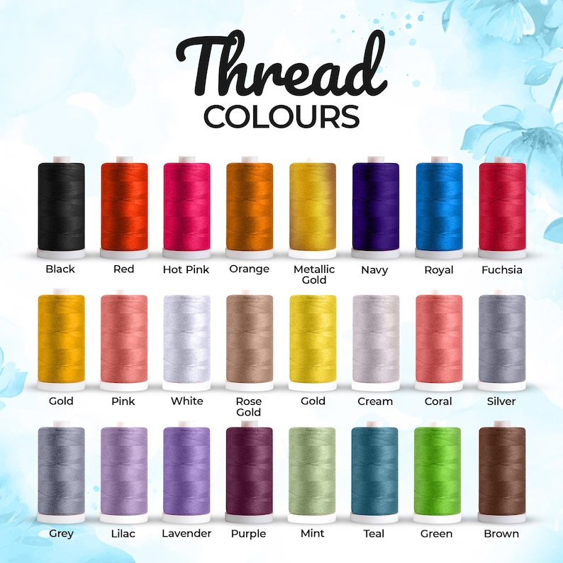 Different thread colours such as black, red, hot pink, orange, mettalic gold, navy, royal blue, fuschia pink, gold, pink, white, rosegold, gold, cream, coral, silver, grey, lilac, lavender, purple, mint, teal, green, brown embroidery Madeira thread