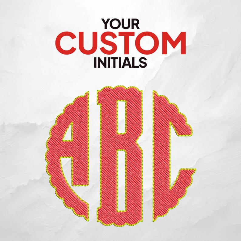 Puede incluir: Un monograma rojo con las letras "ABC" en un dise&ntilde;o circular. Las letras tienen una apariencia texturizada, y el dise&ntilde;o est&aacute; delineado con un borde amarillo. Las palabras "YOUR CUSTOM INITIALS" est&aacute;n en rojo encima del monograma.