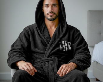 Albornoz de lujo de algodón de rizo personalizado. Inicial o texto bordado personalizado en fuente grabada. Bata de spa unisex con diseño de monograma.
