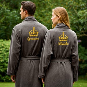 Groom & Bride Custom Two Sets Couples Bathrobes Set – Embroidered Crown Design on Back – 100% Cotton Terry Wedding Party Engagement Robes
