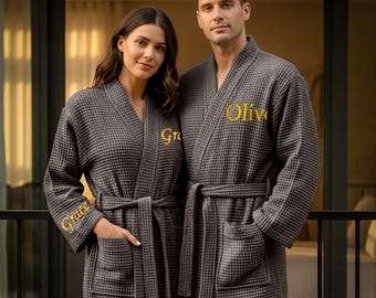Personalised Waffle Bathrobe – Custom Embroidered Name On Left Chest & Right sleeves –Spa Hotel Luxury Bathrobe for Men and Women