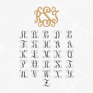 May include: A set of 26 cursive alphabet letters in black, with a monogram of the letters R, S, and T in gold. The letters are arranged in alphabetical order.