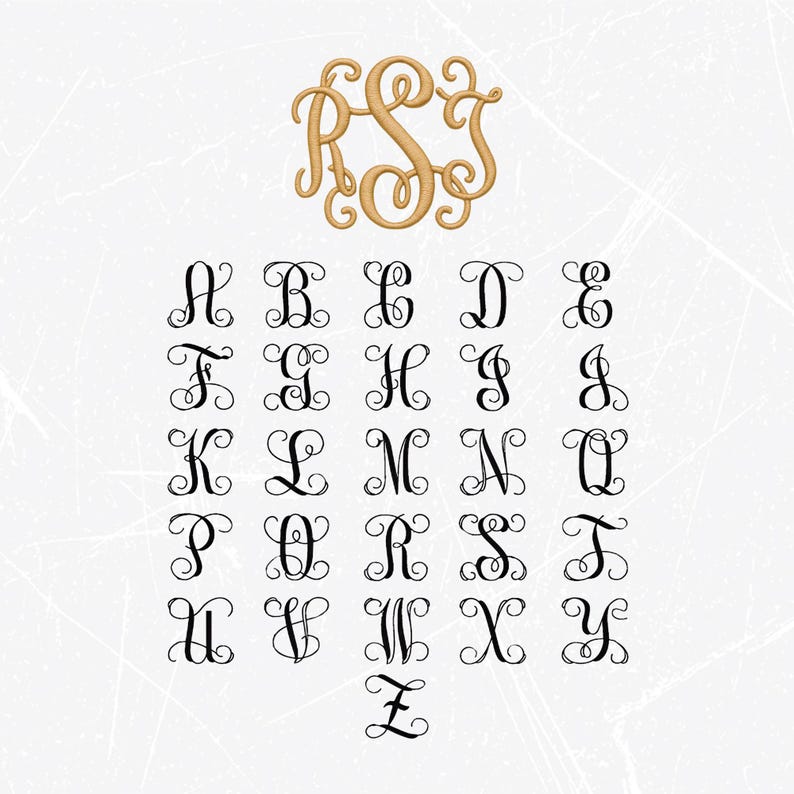 May include: A set of 26 cursive alphabet letters in black, with a monogram of the letters R, S, and T in gold. The letters are arranged in alphabetical order.