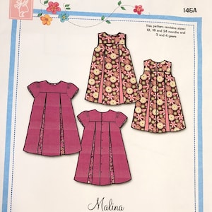 May include: A sewing pattern for a Malina easy jumper and dress with a high yoke and pieced-pleat skirt. The pattern includes sizes 12, 18, and 24 months, as well as 3 and 4 years.