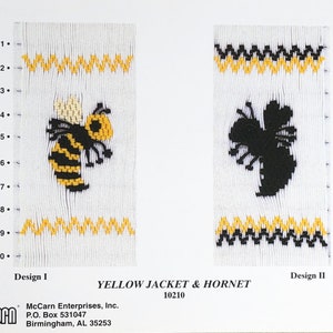 May include: Two cross-stitch patterns for embroidery, one of a yellow jacket bee and the other of a black hornet. Both designs feature a zig-zag border. The patterns are numbered 1 and 2, and the title "YELLOW JACKET & HORNET" is printed below.