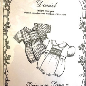 Daniel Sewing Pattern by Primrose Lane, Infant Romper Sewing Pattern, size Newborn to 18 months, Smocked Romper Pattern for Baby