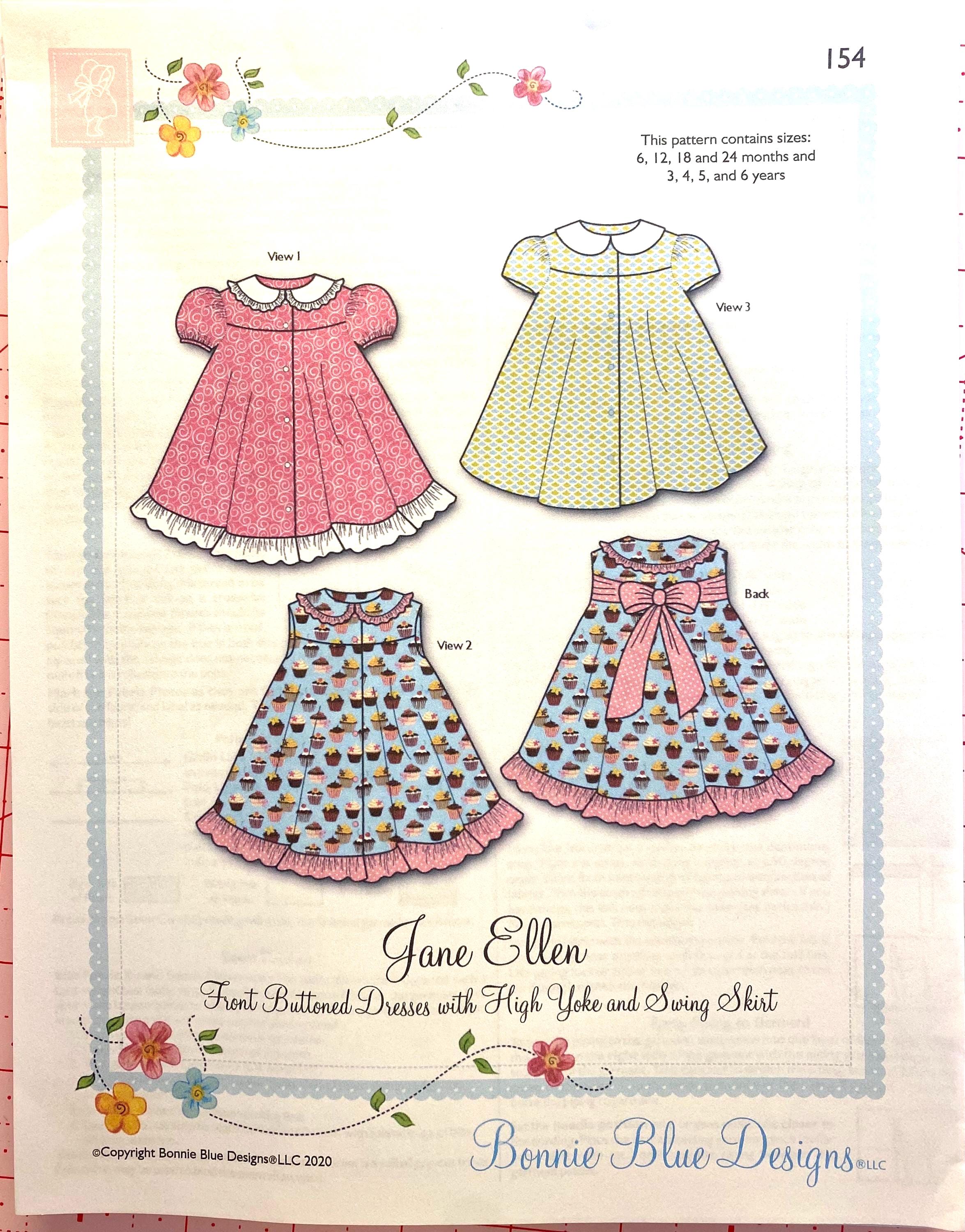 Jane Ellen Swing Dress Sewing Pattern, Bonnie Blue Designs, Sizes 6 Months to 6 Years