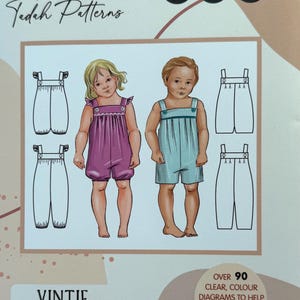 May include: A sewing pattern for Vintie overalls, featuring illustrations of the garment in purple and blue. The pattern includes sizes 0000-4 newborn. The image also includes the text "Over 90 clear, colour diagrams to help you construct the pattern."