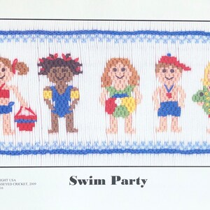 May include: A cross-stitch design featuring five smiling children in swimwear, with a blue and white border. The text "Swim Party" is below the figures. The children are of diverse skin tones and wear swimsuits, hats, and accessories.