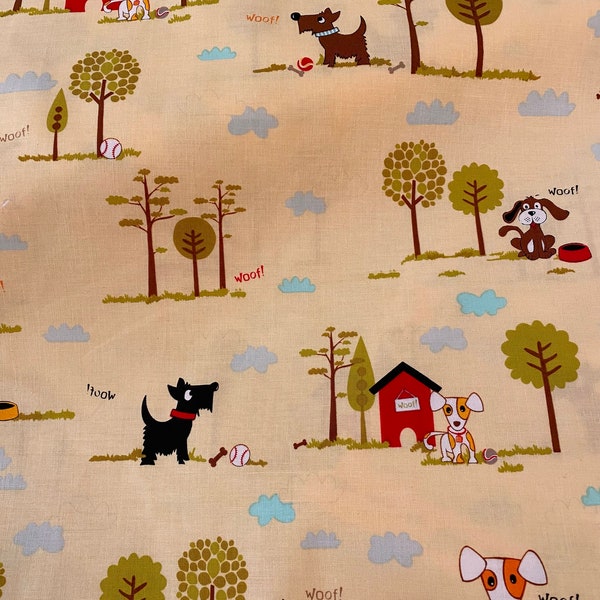 Playful Puppies on Yellow fabric by the yard, Cotton Puppy Fabric, Riley Blake Puppy Park