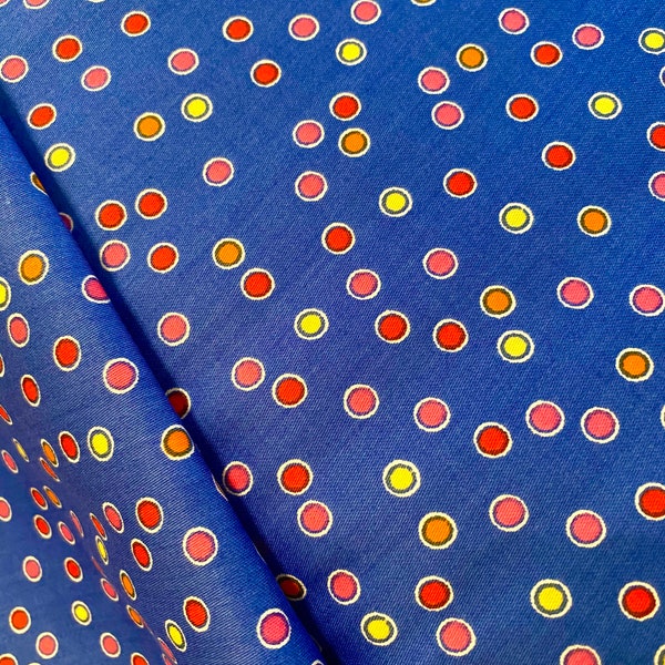 Multicolored Polkadots on Royal Fabric, 100% cotton Fabric by Fabric Finders, Quilting Fabric by the yard, Rainbow Fabric