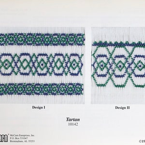 May include: Two different designs for a woven fabric pattern called "Tartan" with the design number 10142. The designs are in green, blue, and white. The first design has three rows of the pattern and the second design has one row of the pattern.