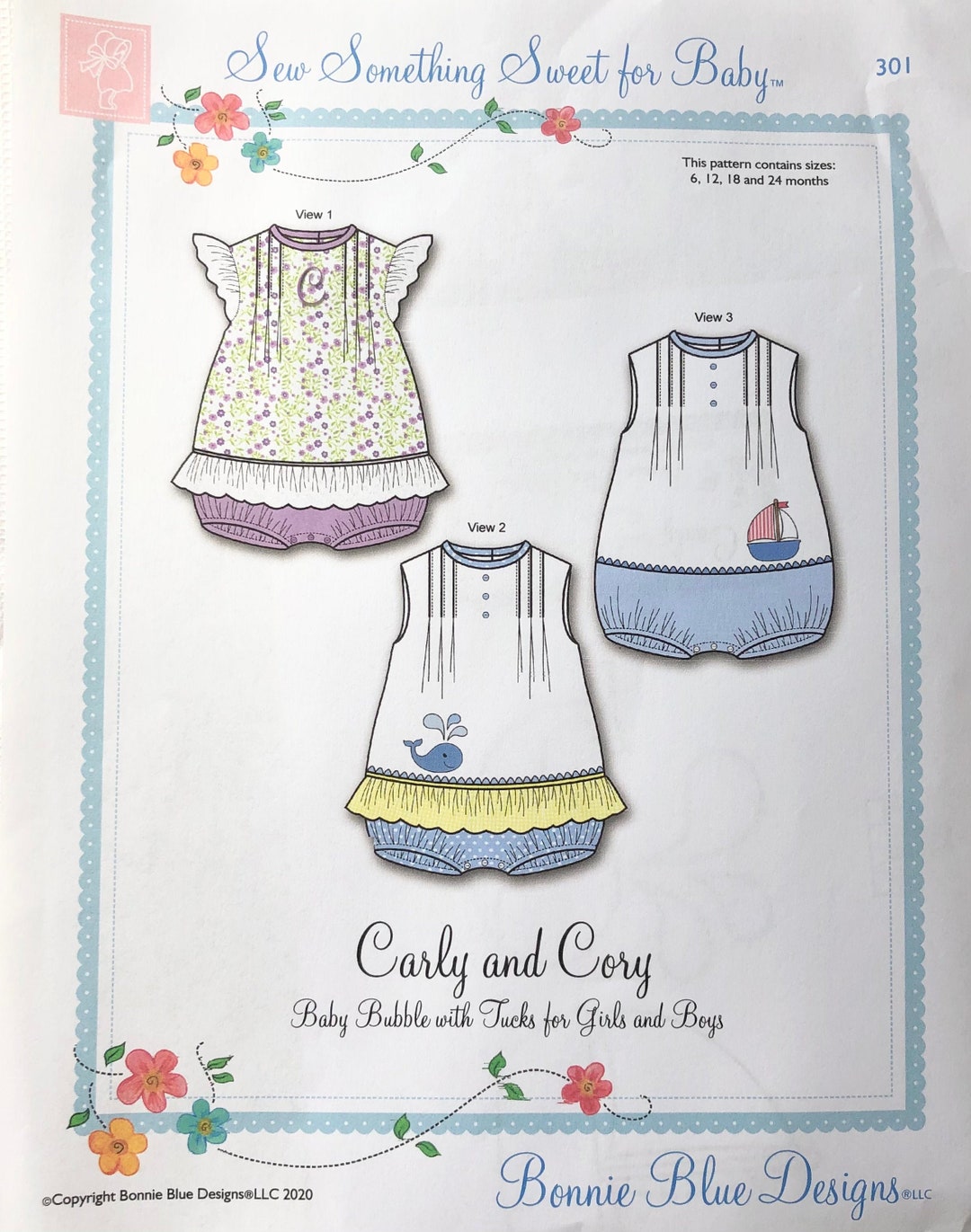 Bubble Sewing Pattern, Bonnie Blue Designs 301 Carly and Cory Baby Bubble With Tucks for Girls
