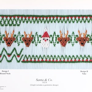 May include: A white fabric with a green and red embroidered design of Santa Claus and reindeer. The design is labeled "Santa & Co. 10218" and includes a geometric design.