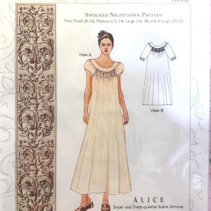 May include: A sewing pattern for a smocked nightgown, featuring a drawing of the garment and a woman wearing it. The pattern includes short and three-quarter sleeve options. The text on the pattern reads "Meco Modes" and "ALICE". Sizes include Small (8-10), Medium (12-14), Large (16-18) and XLarge (20-22).