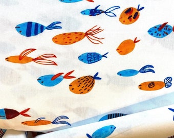 Fabric Finders’ Fish Print Fabric by the yard/ Red, Orange, Blue Fish Print, Cotton Fabric,Summer Fabric