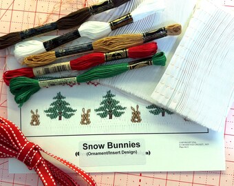 Kit de adorno navideño con bordado smock, bordado smock de grillo bizco, kit de bordado smock de conejitos de nieve