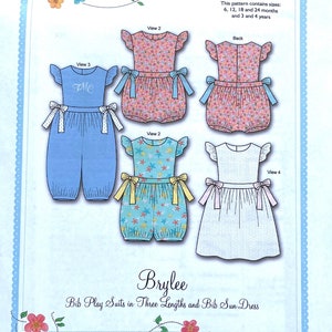 May include: Sewing pattern for a baby bib play suit and sun dress. The pattern includes three lengths for the play suit and a sun dress. The pattern is called "Brylee" and is from Bonnie Blue Designs.