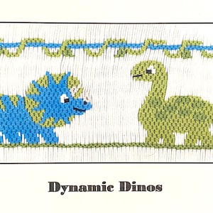 May include: Cross-stitch pattern featuring two dinosaurs. A blue triceratops faces a green Brontosaurus. The design includes a blue and green vine border and the text "Dynamic Dinos". Copyright USA, © CROSSEYED CRICKET, 2024.