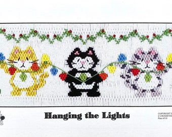 Cat Christmas Smocking Plate: "Hanging the Lights" Pattern
