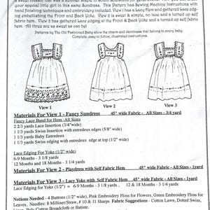 May include: A black and white line drawing of a sundress pattern. The pattern includes instructions for sizes 6-9, 12, and 18 months. The pattern includes views with lace and self-fabric hems. The text reads "French Adacian Sundress by Jeannie B."