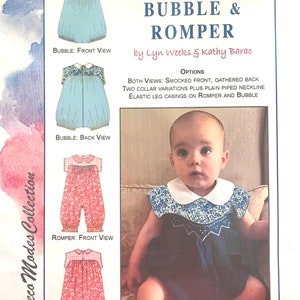 May include: A pattern sheet for Frannie's Bubble & Romper, featuring illustrations of baby clothing designs. The sheet includes front and back views of a bubble suit and romper, with options for smocked fronts and various collar styles. A baby is wearing a blue bubble suit.