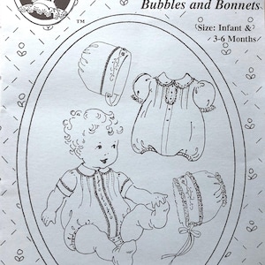 May include: A sewing pattern for a baby's outfit, featuring a bonnet, a dress, and a onesie. The pattern is titled "The Old Fashioned Baby® Sweet & Simple. Bubbles and Bonnets" and is for infants and babies 3-6 months old. The pattern is by Jeannie Baumeister.