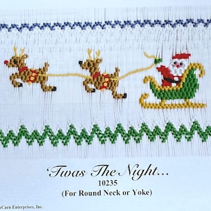 May include: Cross-stitch pattern featuring Santa Claus in a green sleigh pulled by two reindeer. The design includes blue and green zigzag borders and the text "Twas The Night..." and "10235".