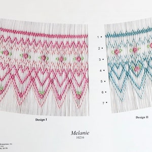 May include: Two embroidery designs for a baby blanket or other project. Design 1 features pink and green flowers and hearts. Design 2 features blue and green flowers and hearts. The designs are numbered 1 through 8. The text "Melanie 10216" is printed below the designs.