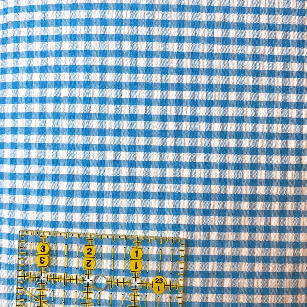 Turquoise Gingham Seersucker Fabric, Cotton Gingham, seersucker Fabric, Turquoise Gingham Fabric by the Yard, Fabric Finders