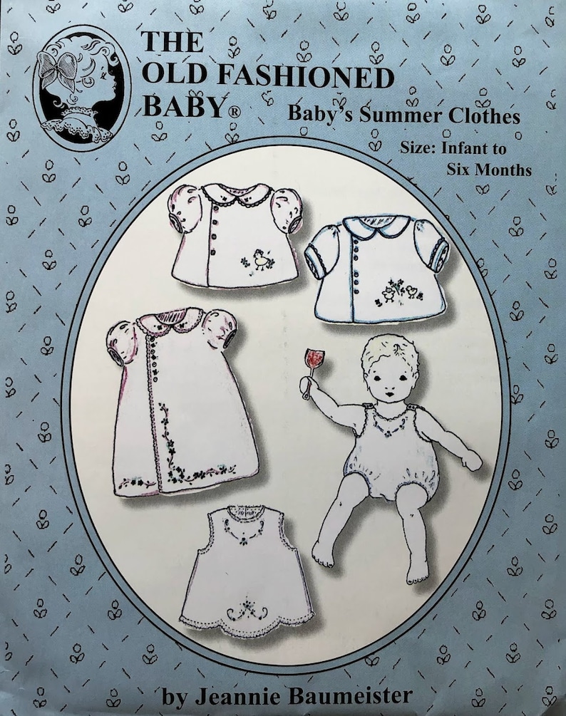 May include: A vintage sewing pattern for baby clothes, titled "The Old Fashioned Baby" with the subtitle "Baby's Summer Clothes". The pattern includes four different outfits: a dress, a shirt, a romper, and a sleeveless top. The pattern is for sizes infant to six months.