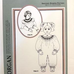 May include: A pattern for a smocked romper, suitable for a girl or boy, with sizes for 6, 12, 18, and 24 months. The pattern includes a smocking graph and embroidery designs. The brand name "Meco Modes" is at the top.