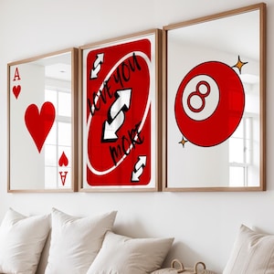 Juego de arte de pared de amor retro de moda, impresión "Te amo más", decoración en rojo y blanco llamativo, bola 8, naipe, as de corazones, regalo del día de San Valentín