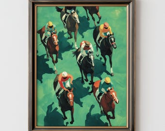 Pintura vintage de corrida de cavalos | Arte de parede minimalista com jóquei | Impressão equestre verde esmeralda | Ilustração de corrida de cavalos | Download digital