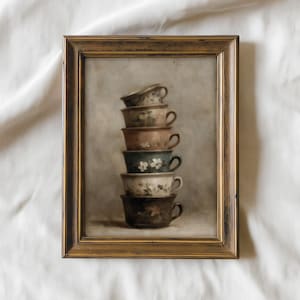 Vintage Stacked Teacups Oil Painting Print | Cottagecore Kitchen Wall Art | Antique Floral Cup Decor | Tea Lover Gift | Digital Download