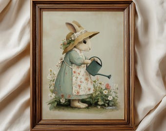 peinture de jardinage lapin vintage | Art lunatique de fleurs de lapin | Décoration pour chambre de bébé Cottagecore | Imprimé animal shabby chic | Téléchargement numérique