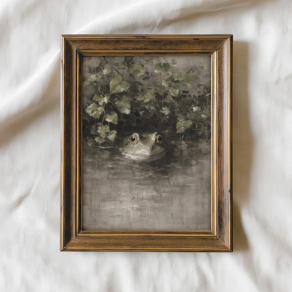 Vintage Frog Oil Painting Print | Moody Dark Cottagecore Wall Art | Whimsical Frog Pond Decor | Nature Animal Print | Digital Download