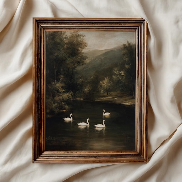Vintage Swan Lake Oil Painting | Moody Forest Landscape Wall Art | Antique Muted Nature Print | Dark Academia Decor | Rustic River Scene