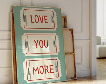 Love You More Retro Ticket Wall Art - Minimalist Vintage Printable Decor, Instant Download, Trendy Love Print, Sage Green Vintage Ticket