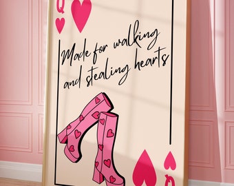 Arte de pared con botas rosas, tipografía elegante, ilustración con temática de corazón, obra de arte de amor moderna, impresión inspirada en la moda, decoración de habitación moderna y coqueta